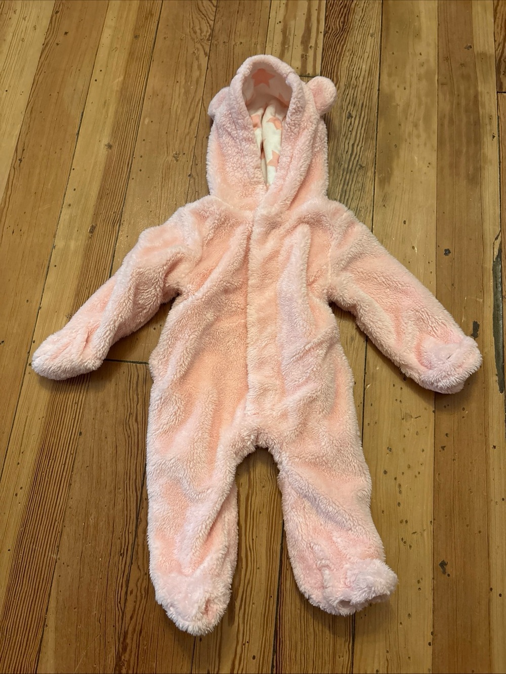 Magnetic Me Pram Minky Faux Fur Bear Hooded Footie Suit Lined Pink Size 0-3 Mont